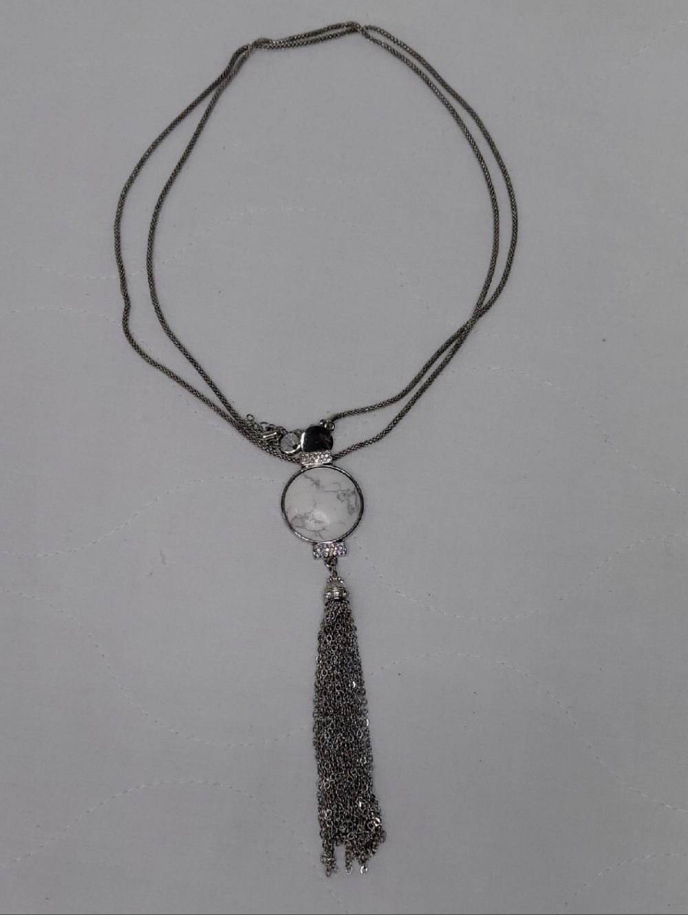 White House Black Market Silver-Tone White Stone Tassel Pendant Long Necklace